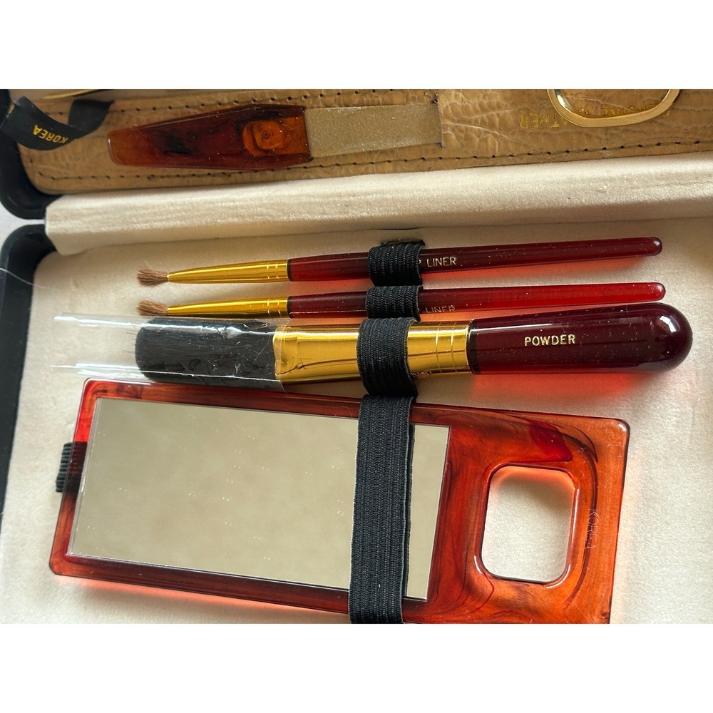 Vintage Travel Manicure Pedicure Makeup Brush Set Brown Faux Croc Case 10 pc - Picture 5 of 16